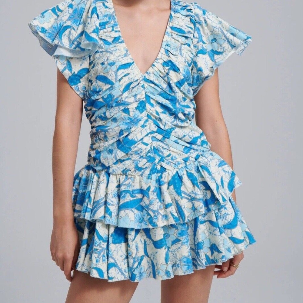 Love The Label Sz L Ruffled Mini‎ Dress Floral Flutter Sleeve V Neck Side Zipper